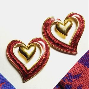Vintage earrings red enamel heart gold tone Valentine's day